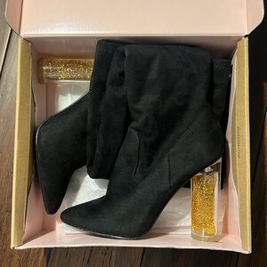 Charlotte Russe Black Over-the-Knee Boots with Clear Gold Heel